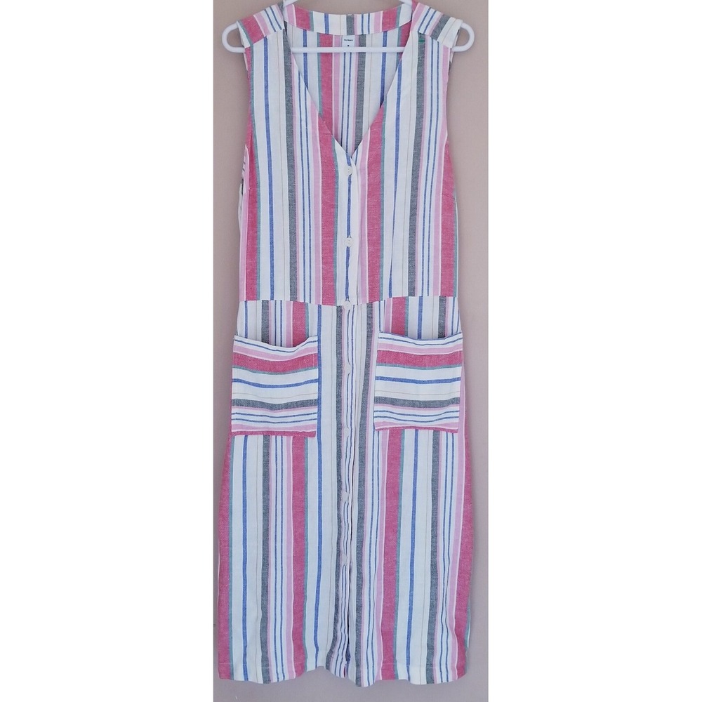 OLD NAVY V-Neck Linen Blend Button Front Stripe Sleeveless Pockets Womens Sz M